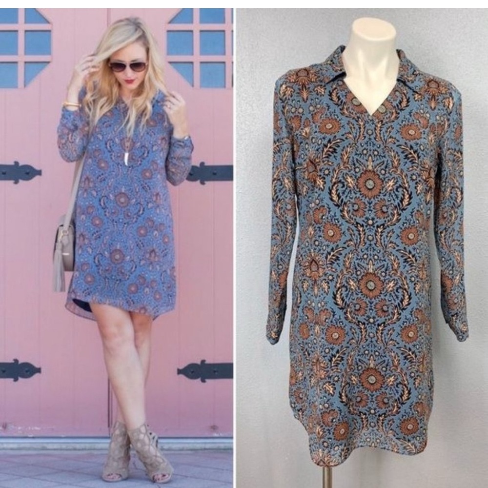 CAbi Provincial Long Sleeve Dress with Blue and Brown Paisley Design